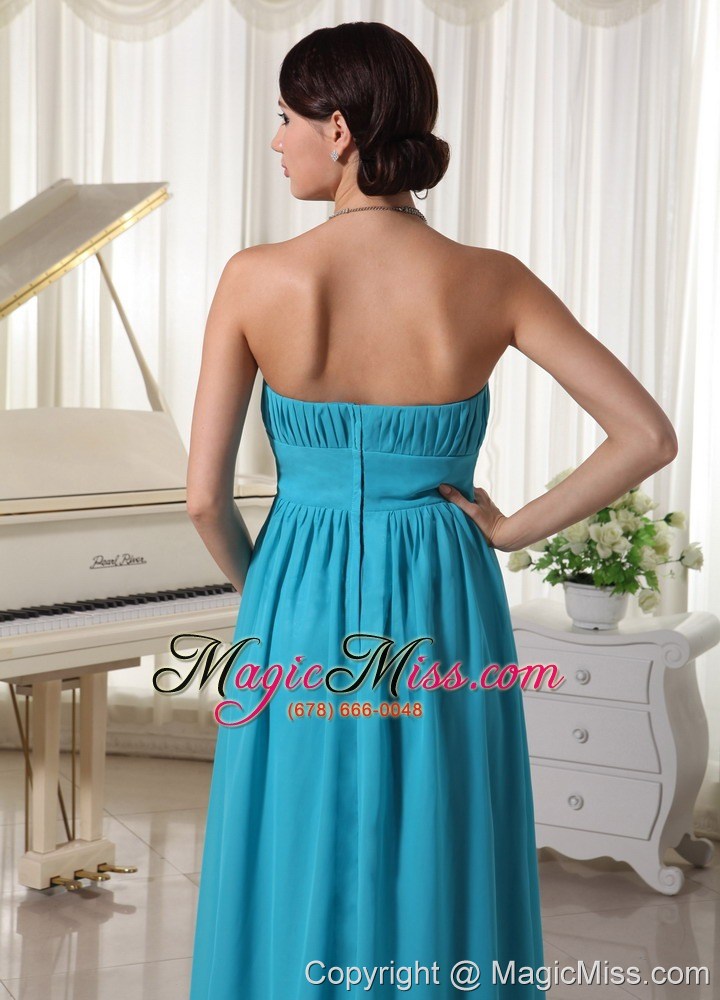 wholesale beaded decorate waist ruched teal chiffon prom dress with brush train