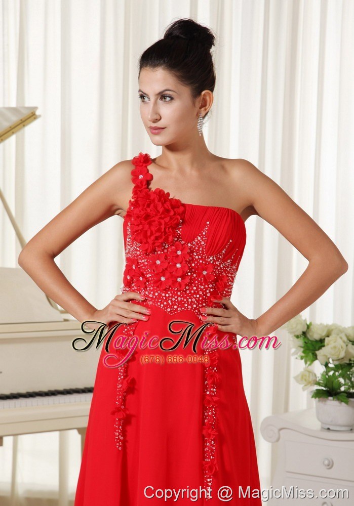 wholesale red evening dress one shoulder with hand made flowers beaded and ruched bodice