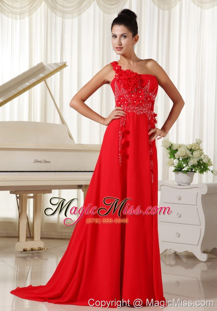 wholesale red evening dress one shoulder with hand made flowers beaded and ruched bodice