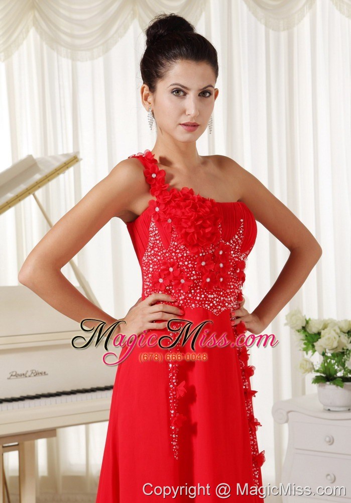 wholesale red evening dress one shoulder with hand made flowers beaded and ruched bodice