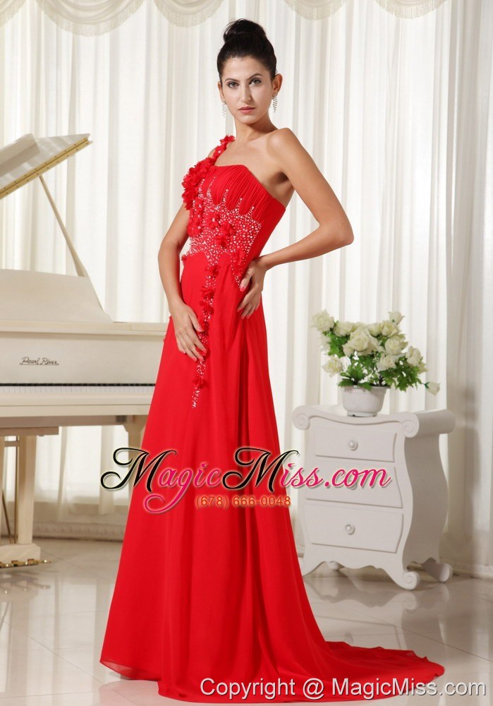 wholesale red evening dress one shoulder with hand made flowers beaded and ruched bodice