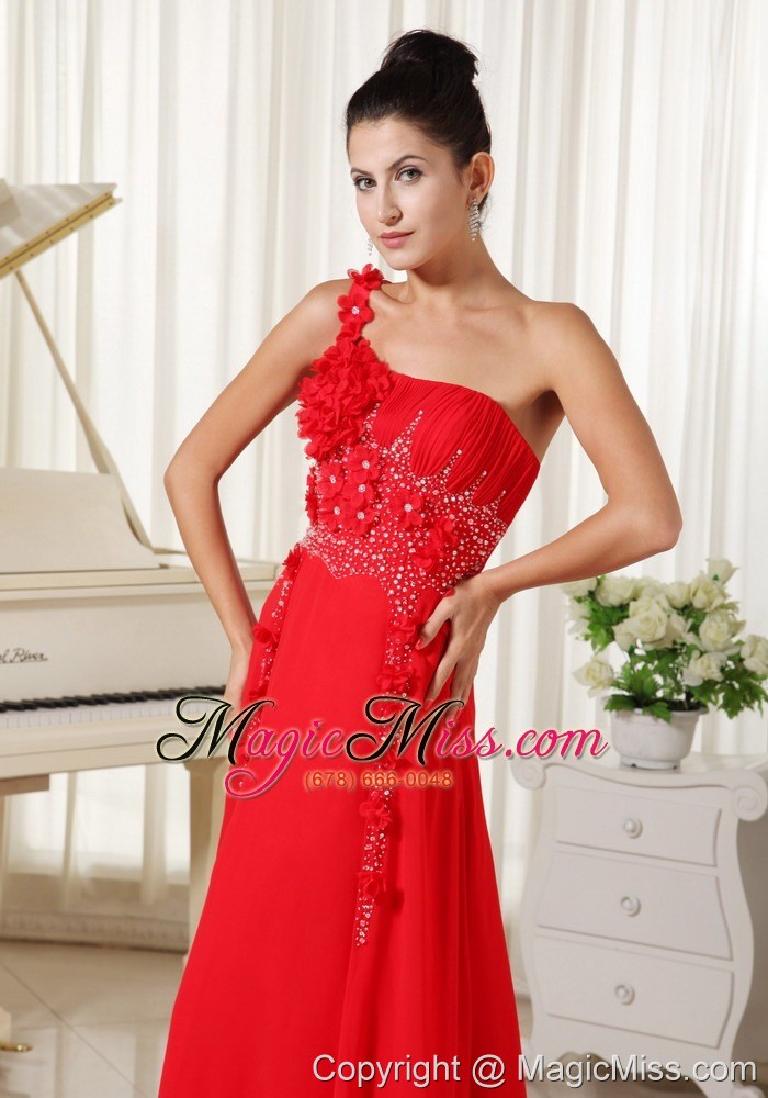 wholesale red evening dress one shoulder with hand made flowers beaded and ruched bodice