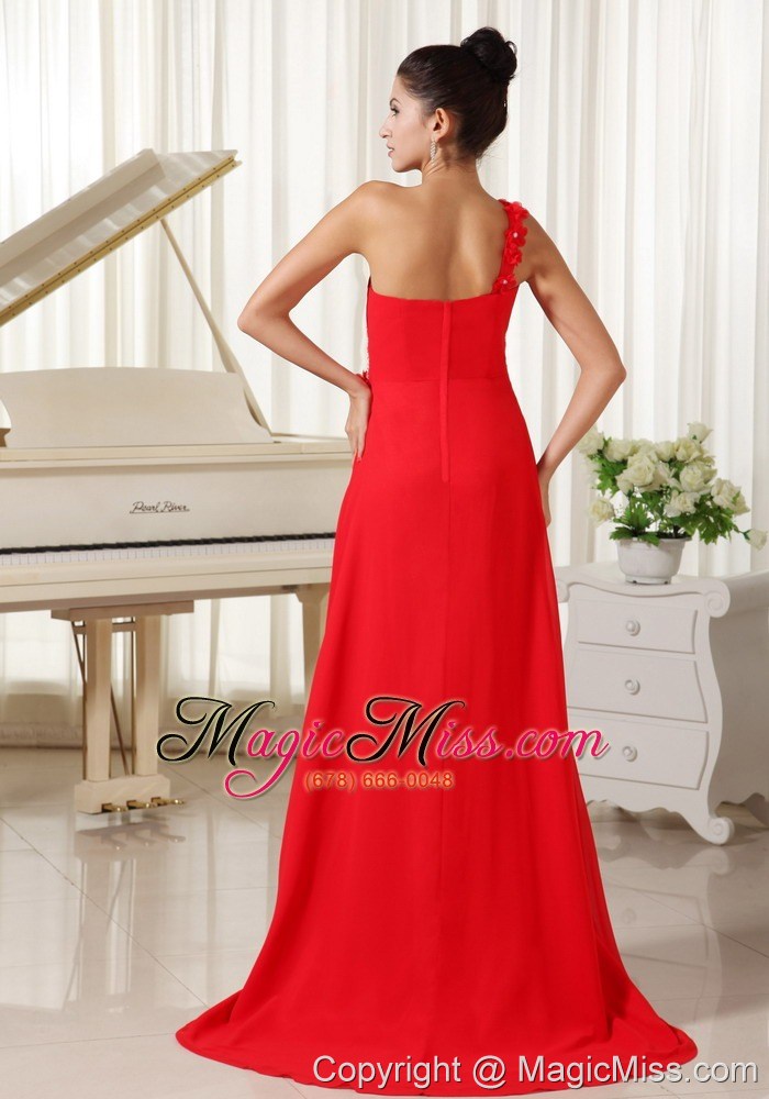 wholesale red evening dress one shoulder with hand made flowers beaded and ruched bodice