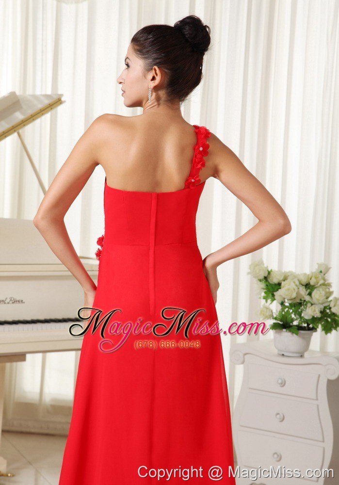 wholesale red evening dress one shoulder with hand made flowers beaded and ruched bodice