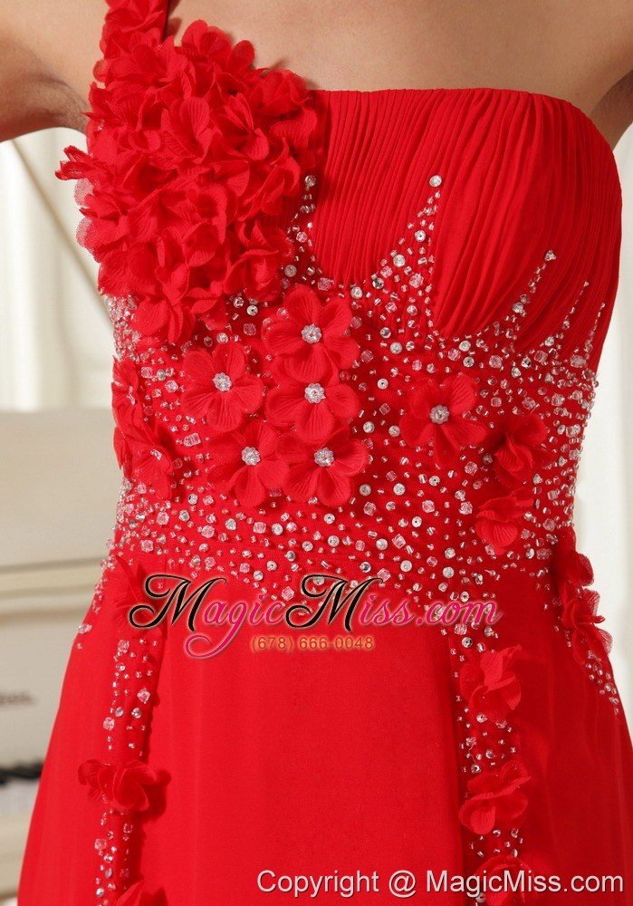 wholesale red evening dress one shoulder with hand made flowers beaded and ruched bodice