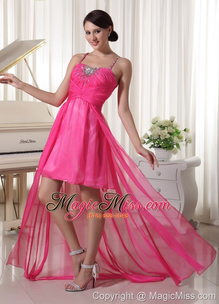 wholesale hot pink spaghetti straps beaded high-low prom / homecoming dress chiffon