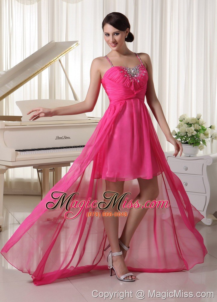 wholesale hot pink spaghetti straps beaded high-low prom / homecoming dress chiffon