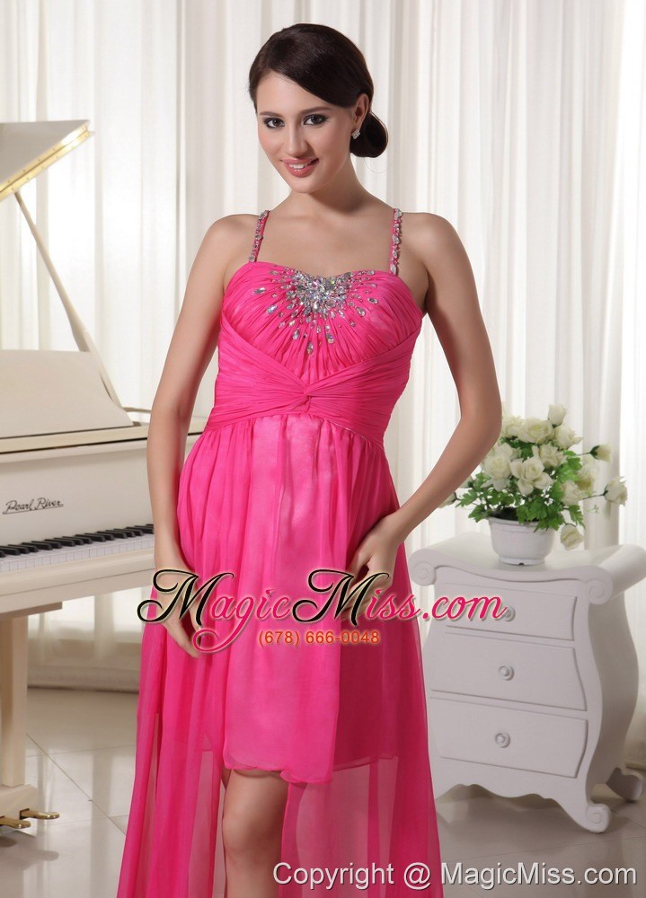 wholesale hot pink spaghetti straps beaded high-low prom / homecoming dress chiffon