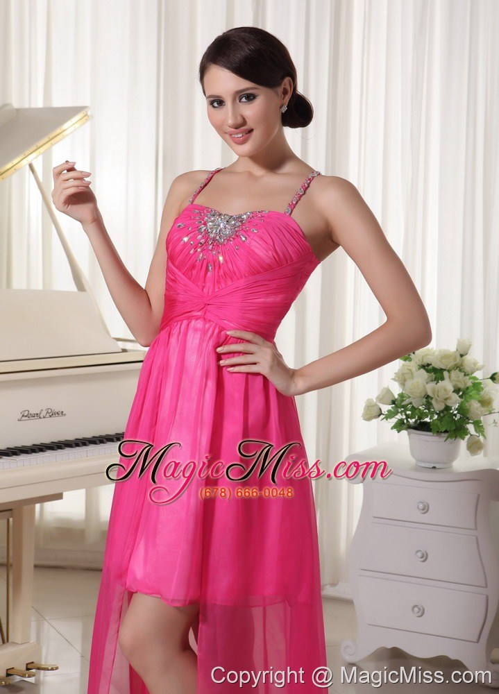 wholesale hot pink spaghetti straps beaded high-low prom / homecoming dress chiffon