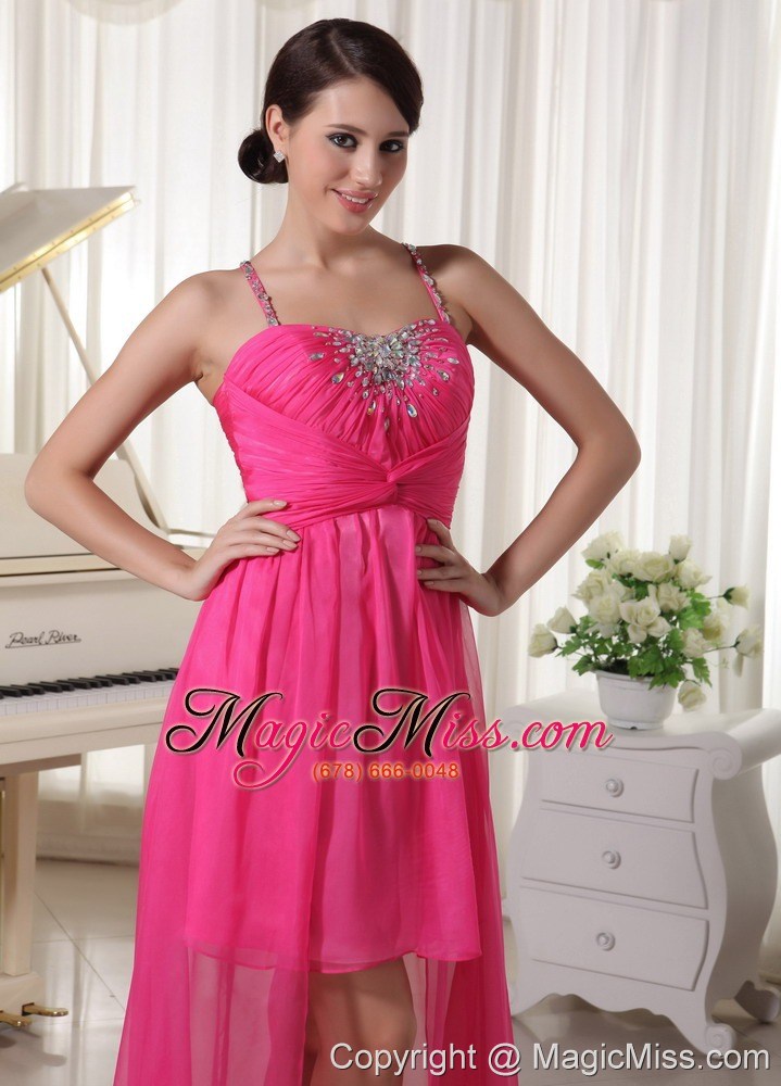 wholesale hot pink spaghetti straps beaded high-low prom / homecoming dress chiffon