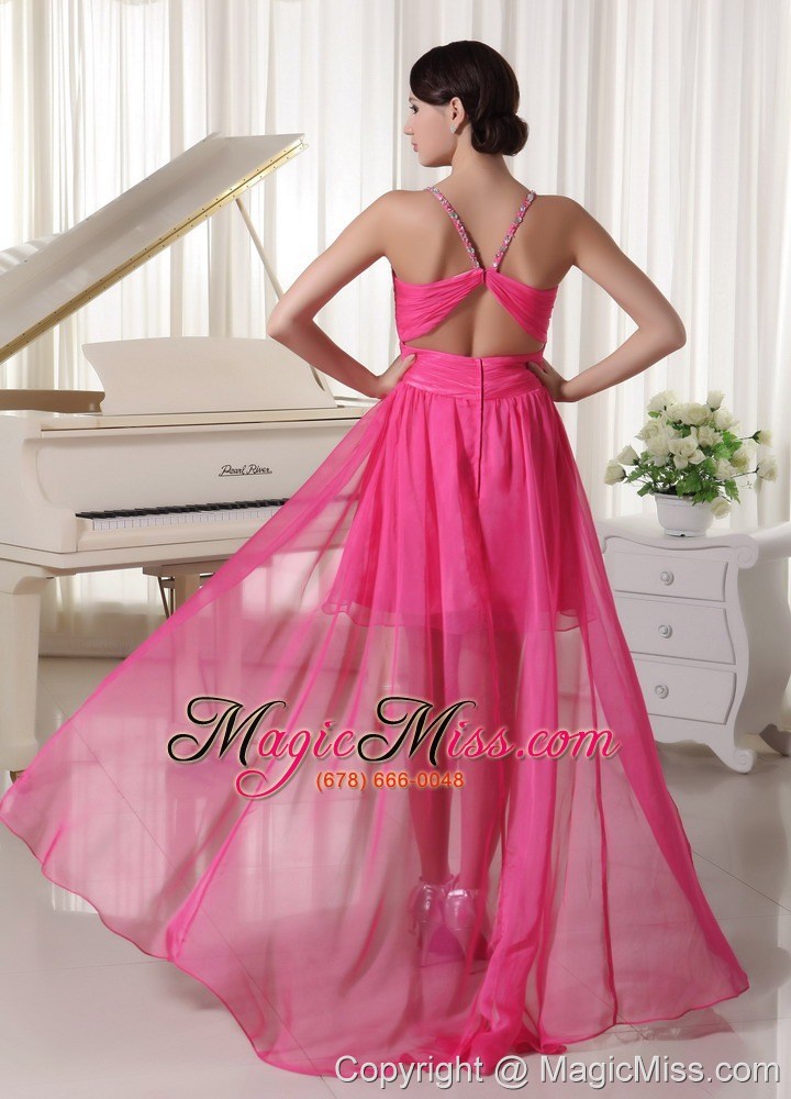 wholesale hot pink spaghetti straps beaded high-low prom / homecoming dress chiffon