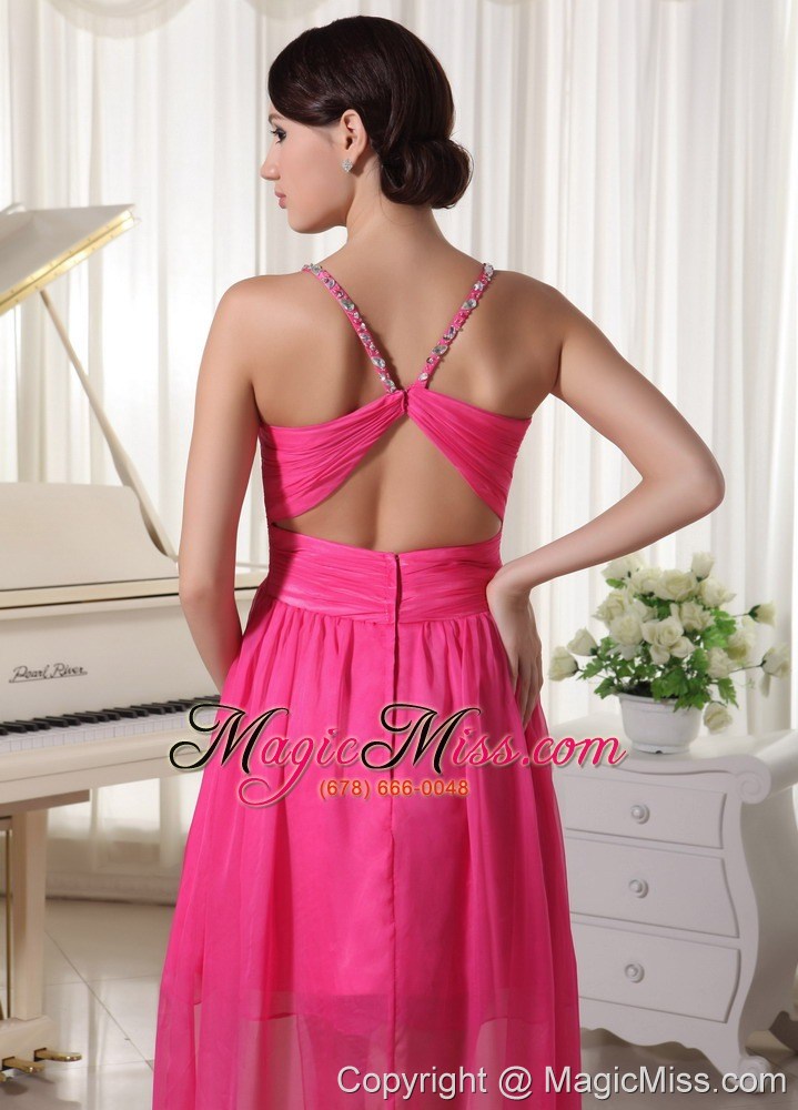 wholesale hot pink spaghetti straps beaded high-low prom / homecoming dress chiffon