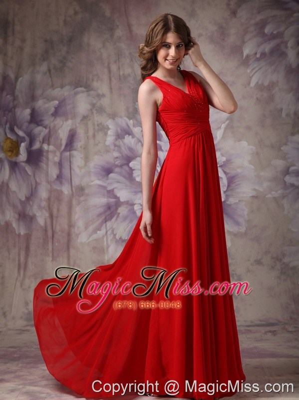 wholesale exclusive red empire v-neck evening dress chiffon ruch and beading brush train