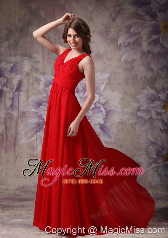 wholesale exclusive red empire v-neck evening dress chiffon ruch and beading brush train