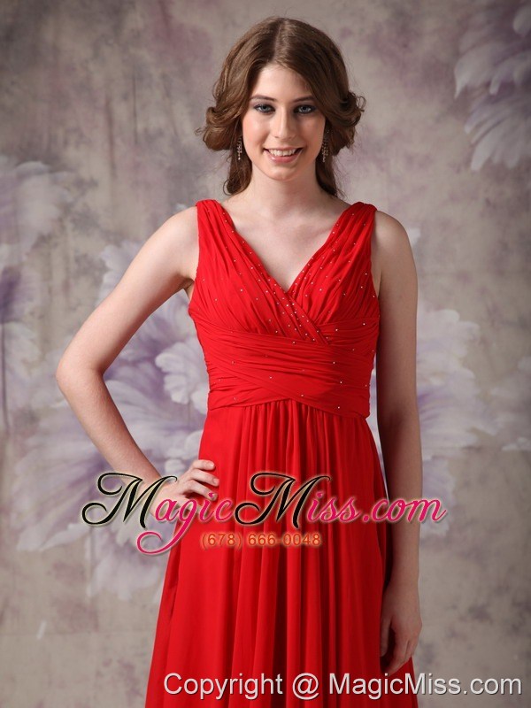 wholesale exclusive red empire v-neck evening dress chiffon ruch and beading brush train