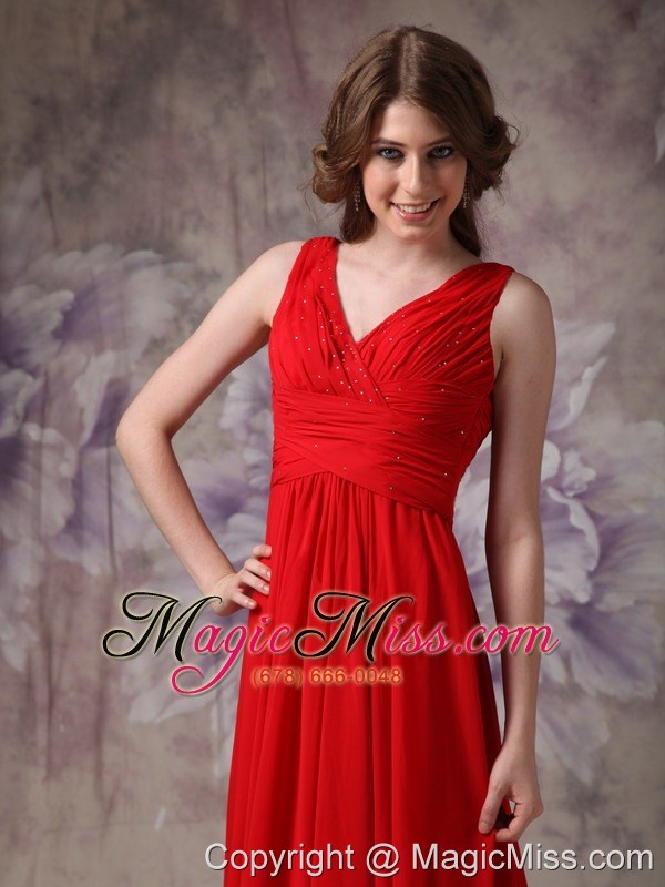 wholesale exclusive red empire v-neck evening dress chiffon ruch and beading brush train