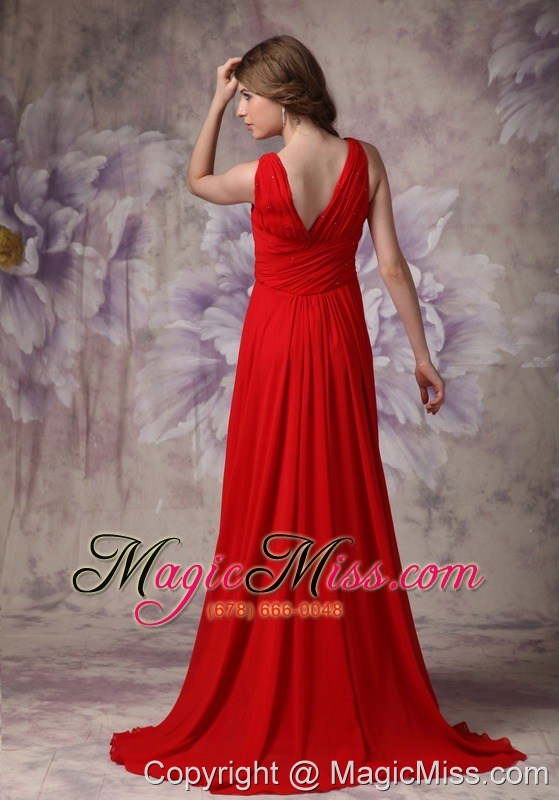 wholesale exclusive red empire v-neck evening dress chiffon ruch and beading brush train