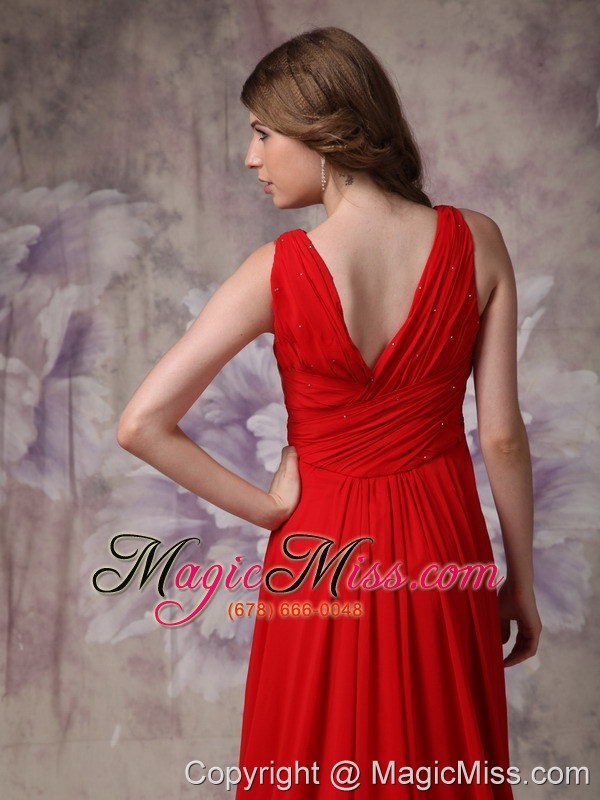 wholesale exclusive red empire v-neck evening dress chiffon ruch and beading brush train