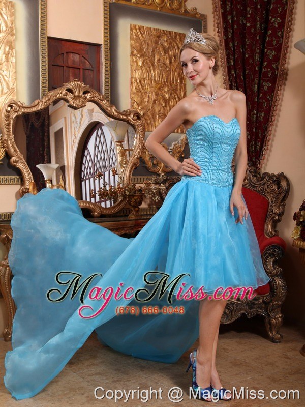 wholesale aqua blue a-line sweetheart high-low taffeta and organza beading prom dress