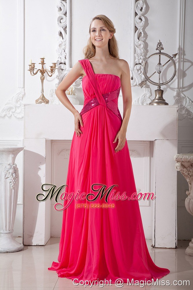 wholesale coral red empire one shoulder sequins prom dress brush train chiffon