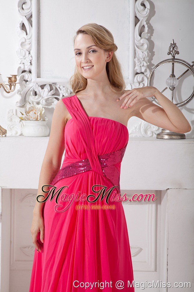 wholesale coral red empire one shoulder sequins prom dress brush train chiffon