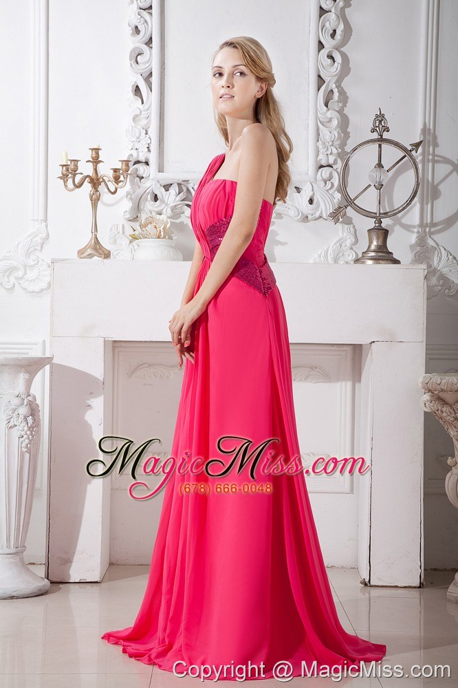 wholesale coral red empire one shoulder sequins prom dress brush train chiffon