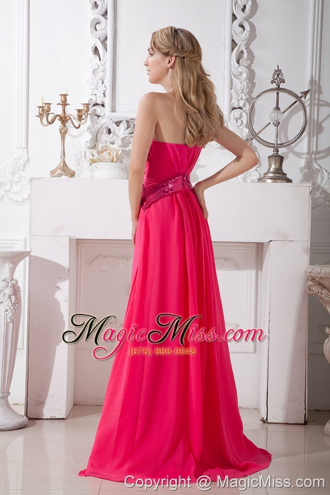 wholesale coral red empire one shoulder sequins prom dress brush train chiffon