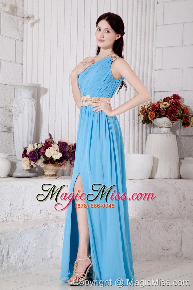 wholesale aqua blue empire one shoulder belt prom / evening dress floor-length chiffon