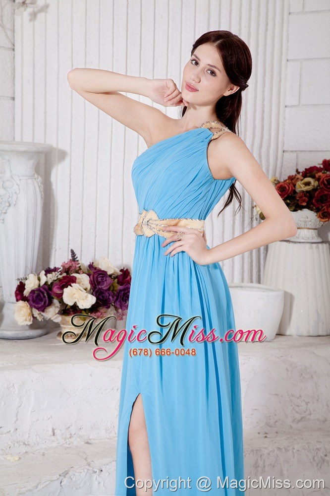 wholesale aqua blue empire one shoulder belt prom / evening dress floor-length chiffon