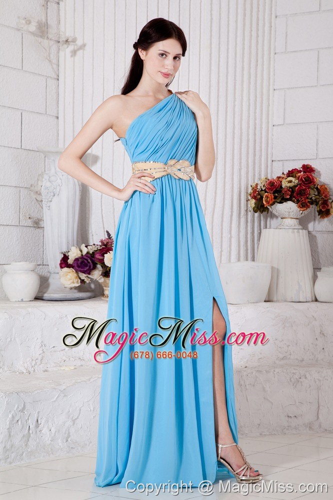 wholesale aqua blue empire one shoulder belt prom / evening dress floor-length chiffon