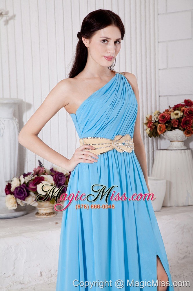 wholesale aqua blue empire one shoulder belt prom / evening dress floor-length chiffon