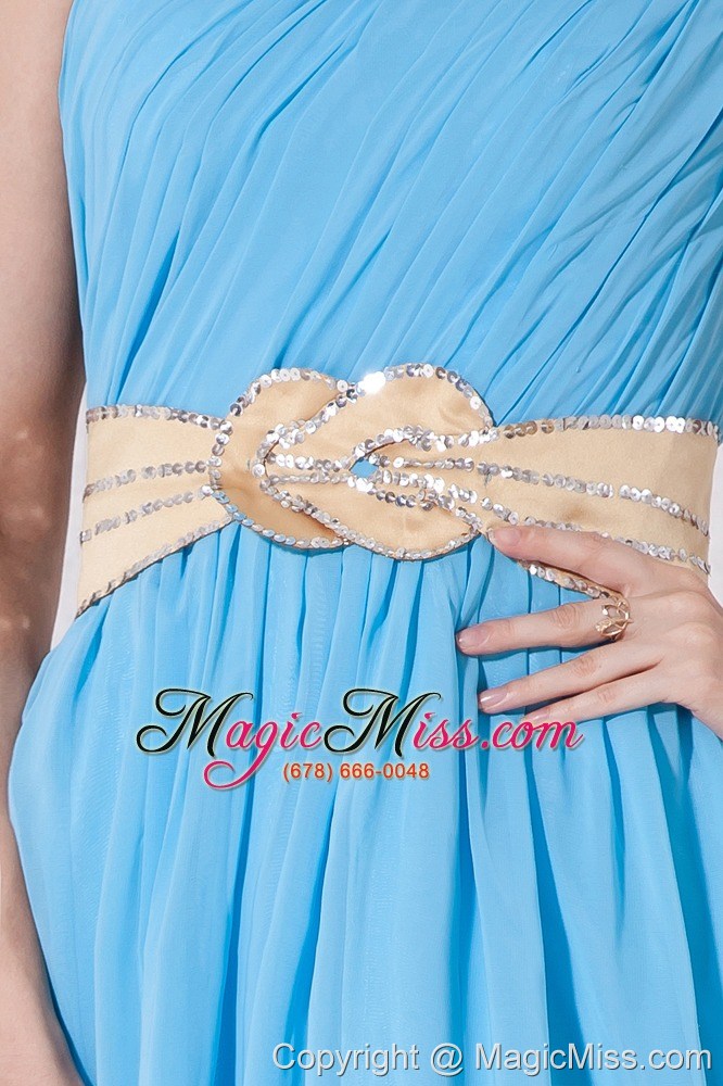 wholesale aqua blue empire one shoulder belt prom / evening dress floor-length chiffon