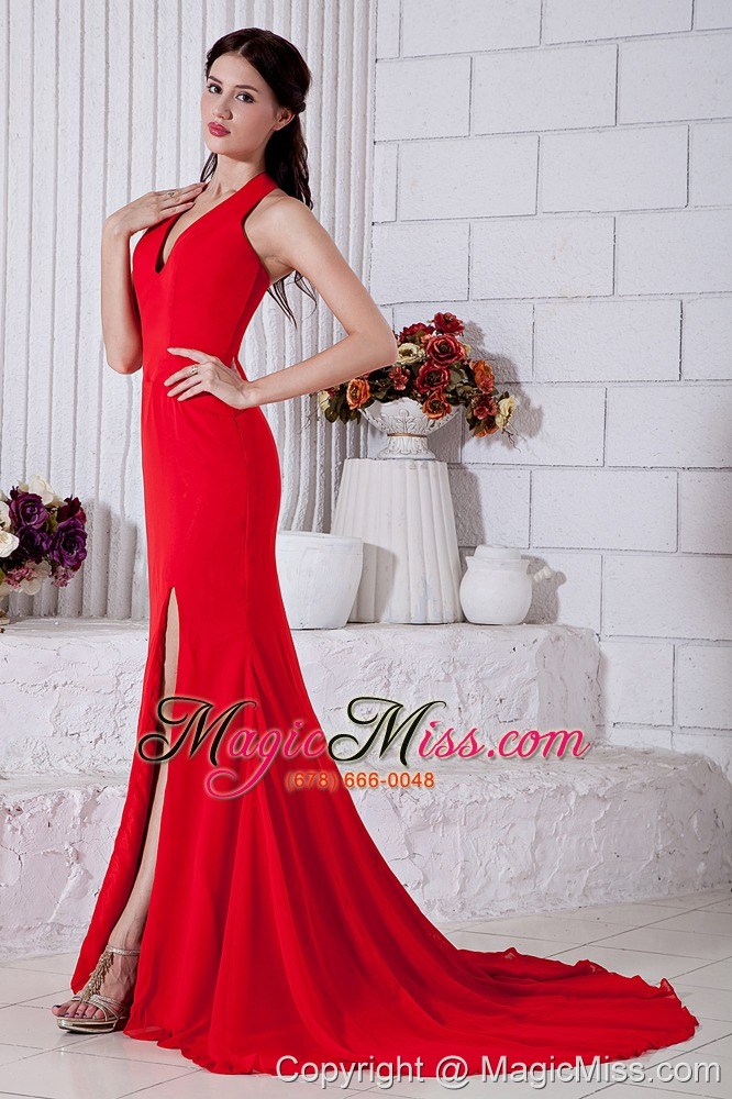 wholesale red empire halter prom / evening dress brush train chiffon