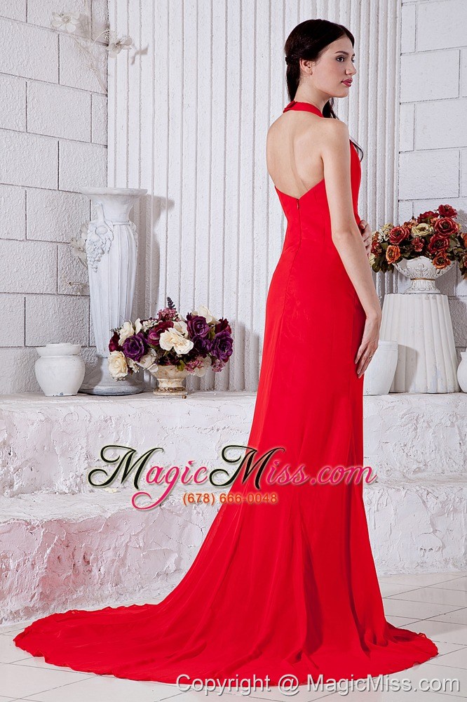 wholesale red empire halter prom / evening dress brush train chiffon