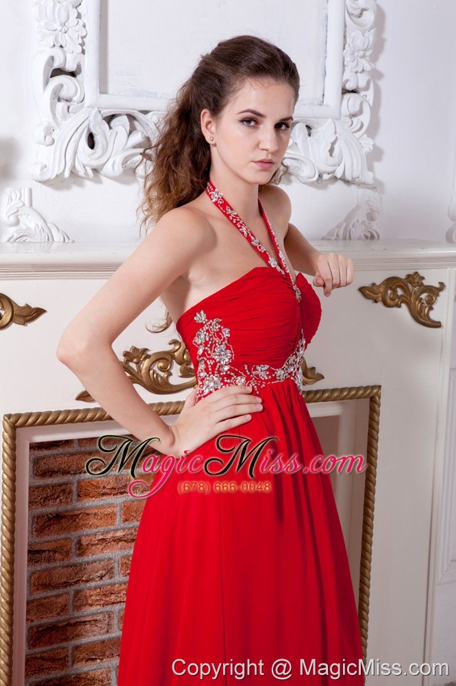 wholesale red empire halter brush train chiffon beading prom dress