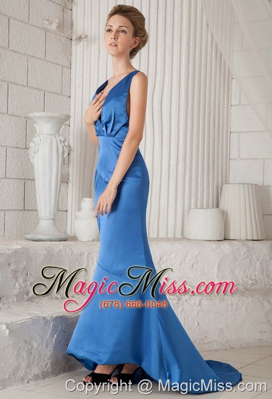 wholesale blue mermiad v-neck brush train elastic wove satin ruch prom / evening dress
