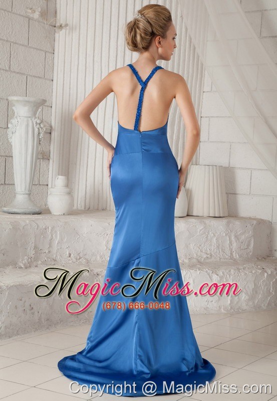 wholesale blue mermiad v-neck brush train elastic wove satin ruch prom / evening dress