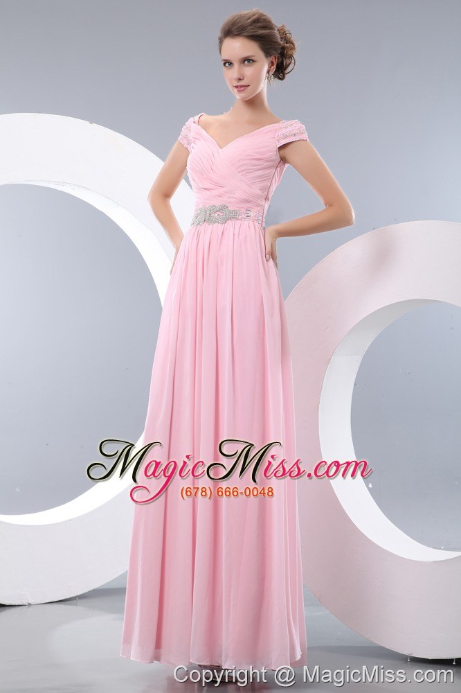 wholesale sweet baby pink prom / evening dress empire v-neck floor-length chiffon beading