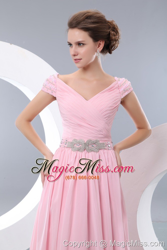 wholesale sweet baby pink prom / evening dress empire v-neck floor-length chiffon beading