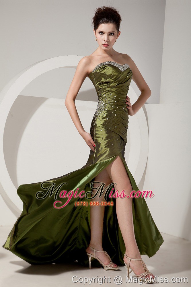 wholesale gorgeous olive green prom dress column / sheath sweetheart beading and ruch brush train satin