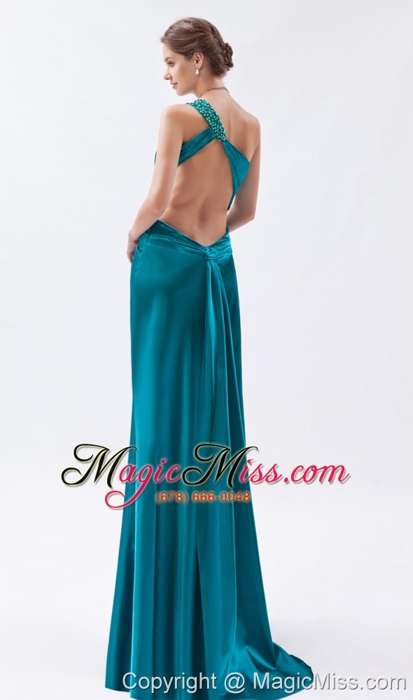 wholesale teal column / sheath one shoulder prom dress elastic woven satin beading and ruch floor-length