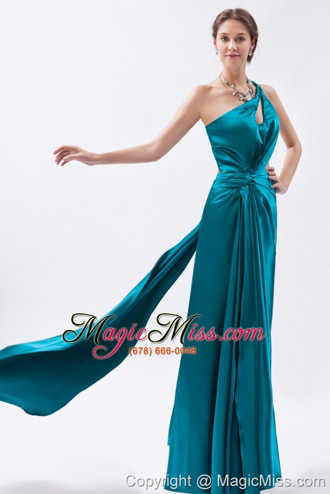 wholesale teal column / sheath one shoulder prom dress elastic woven satin beading and ruch floor-length