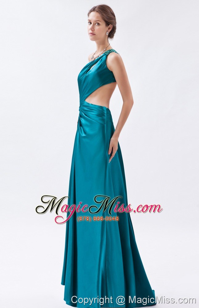 wholesale teal column / sheath one shoulder prom dress elastic woven satin beading and ruch floor-length