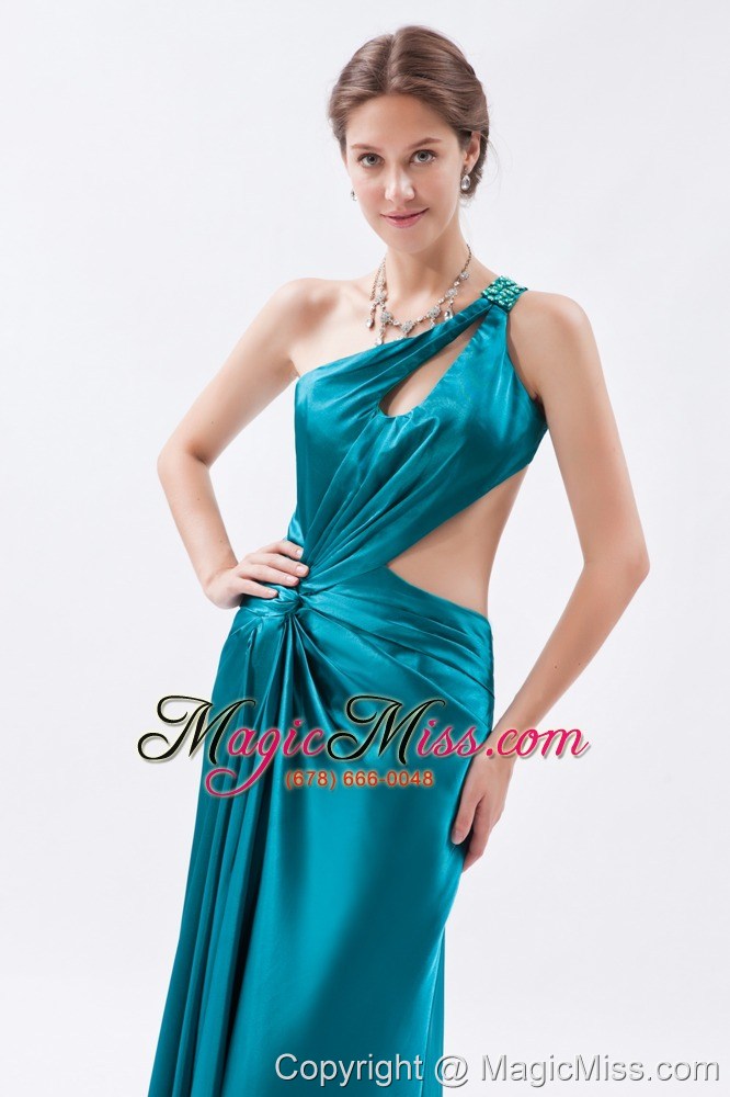 wholesale teal column / sheath one shoulder prom dress elastic woven satin beading and ruch floor-length