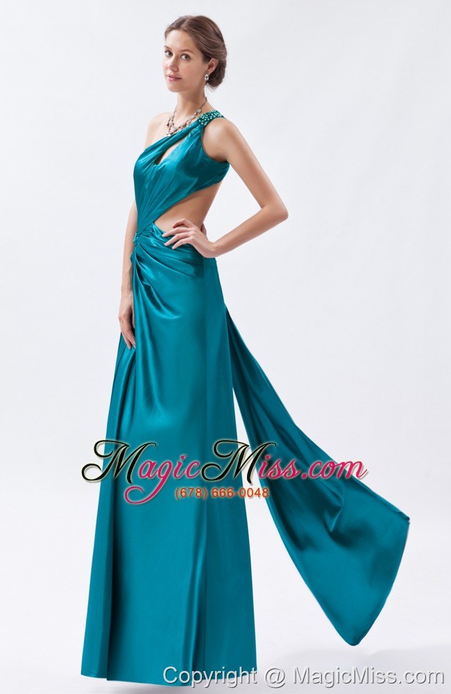 wholesale teal column / sheath one shoulder prom dress elastic woven satin beading and ruch floor-length