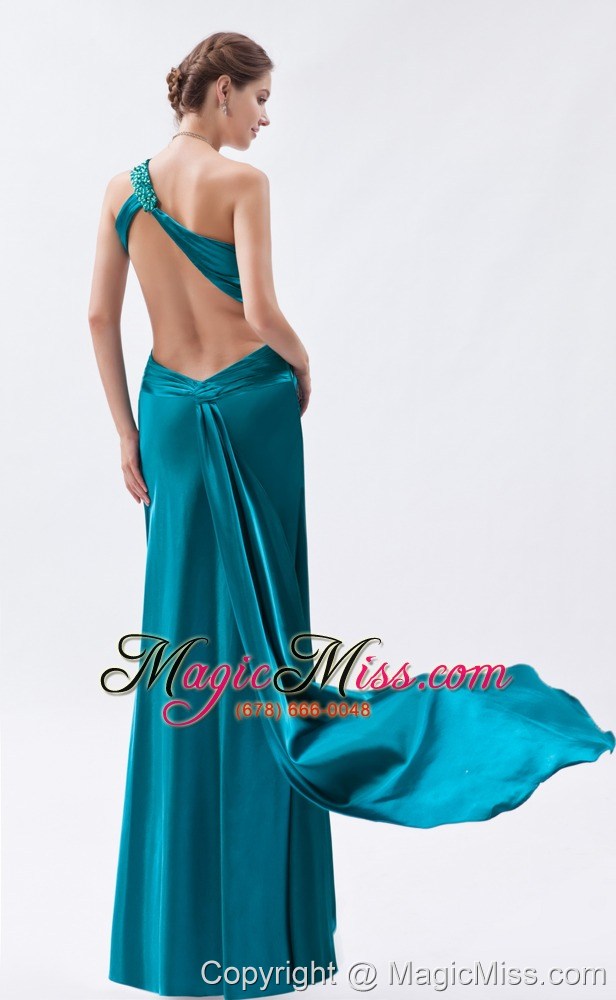 wholesale teal column / sheath one shoulder prom dress elastic woven satin beading and ruch floor-length