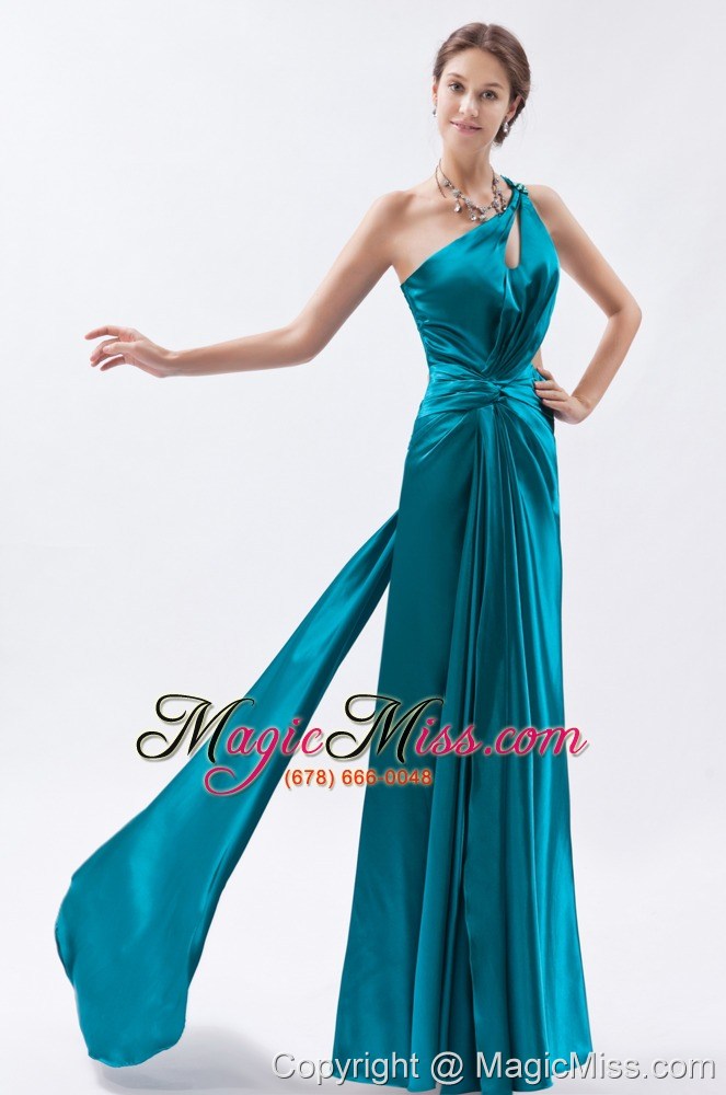 wholesale teal column / sheath one shoulder prom dress elastic woven satin beading and ruch floor-length