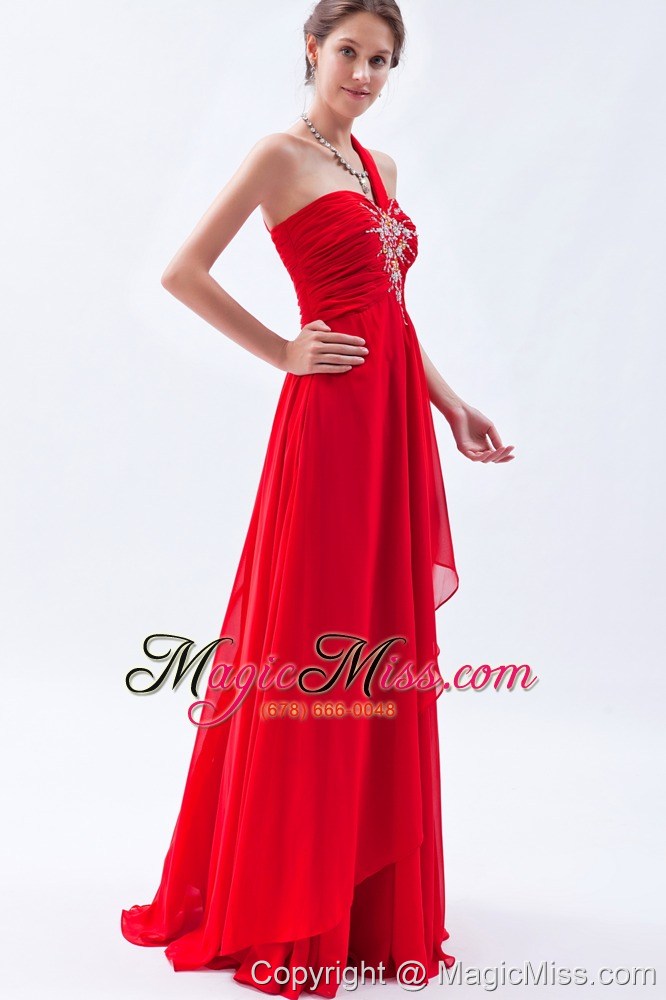 wholesale red empire one shoulder prom dress beading floor-length chiffon