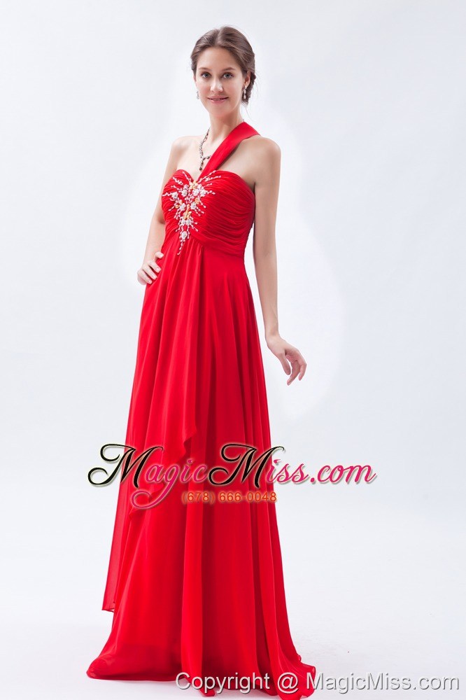 wholesale red empire one shoulder prom dress beading floor-length chiffon