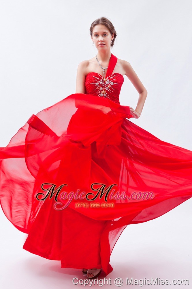 wholesale red empire one shoulder prom dress beading floor-length chiffon